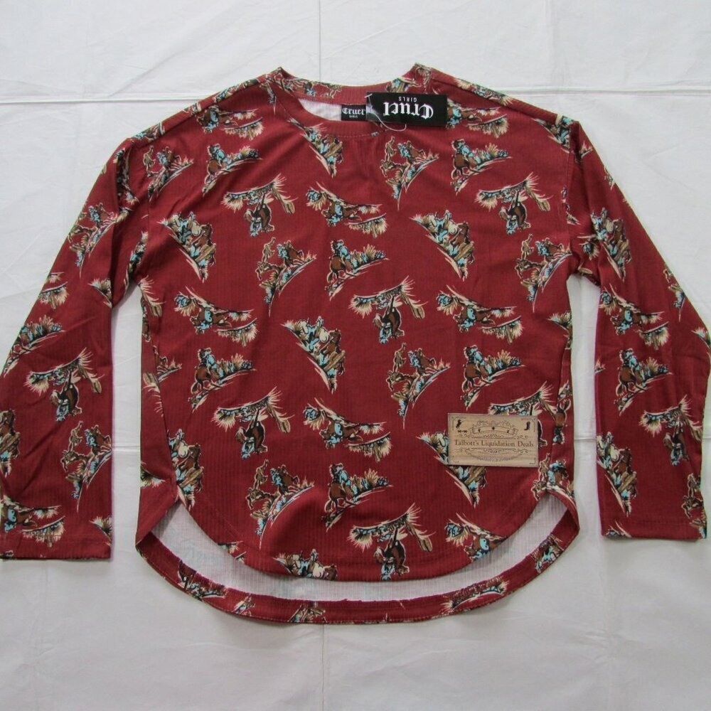 Cruel Girl's XL (12) Long Sleeve Dolman Western Bronc Print Blouse Shirt